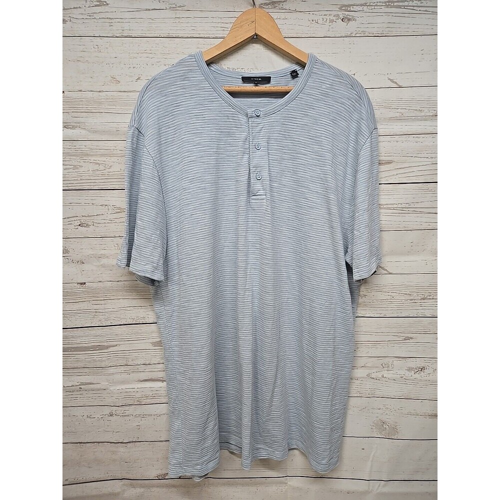 Vince Men's Short Sleeve 1/4 Button Up‎ Blue Striped Shirt Top Size XL Cotton